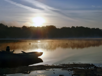 утро, лодка, озеро, туман