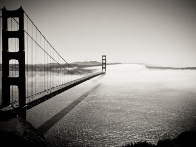 golden gate bridge, калифорния, into the fog, мост, чб
