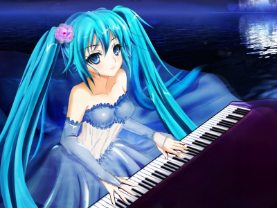 рояль, hatsune miku, пианино, луна, vocaloid, ночь, озеро