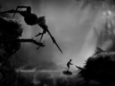черно-белое, видеоигра, limbo, туман, паук, человек, река