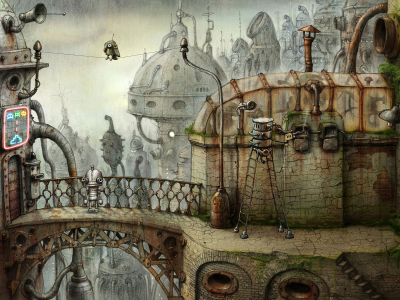 город, механизм, machinarium, попугай, робот, мост, птица