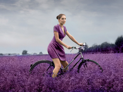 цветы, фиолетовый, поле, девушка, велосипед