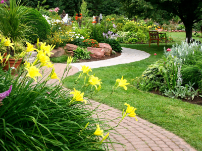 ландшафтный, flowers, path, цветы, сад, клумбы, дизайн, дорожка, beautiful garden, статуэтки