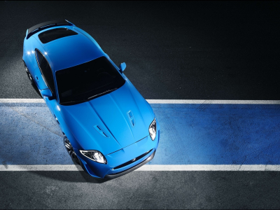 разворот, jaguar xkr s 2011, синий, асфальт, вид сверху, полосы, ягуар