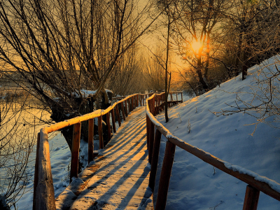 деревянный, мостик, закат, деревья, зимний вечер, река, перила, солнце