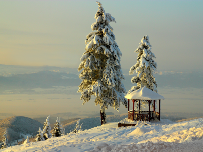 снег, bellevue, горы, небо, зима, беседка