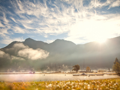 озеро, осень, небо, швейцария, туман, утро, солнце, горы