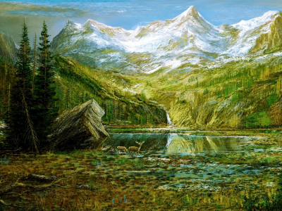 озеро, олени, картина, лес, горы