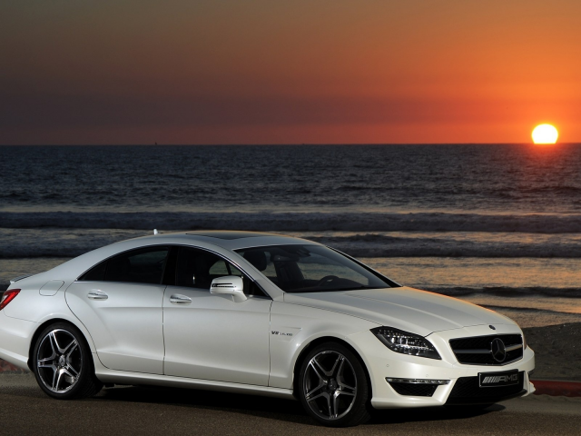 mercedes, море, cls 63 amg, белый, закат