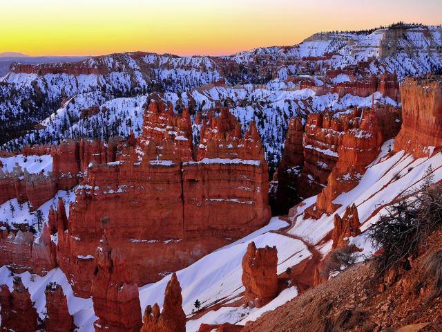 скалы, снег, bryce canyon, закат, utah, каньон