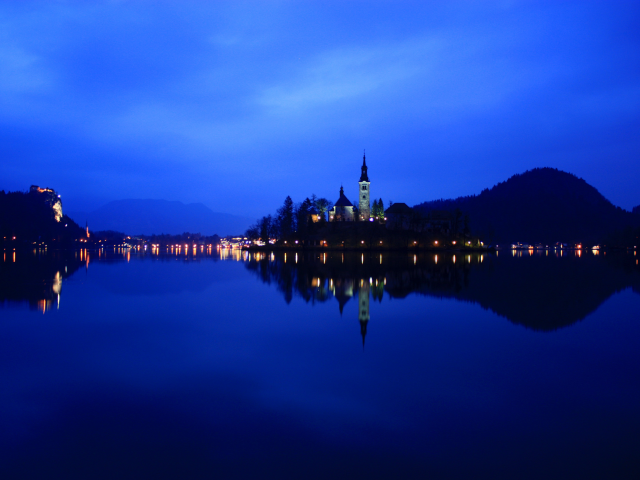 ночь, lake bled, озеро, reflection, slovenia, словения, огни