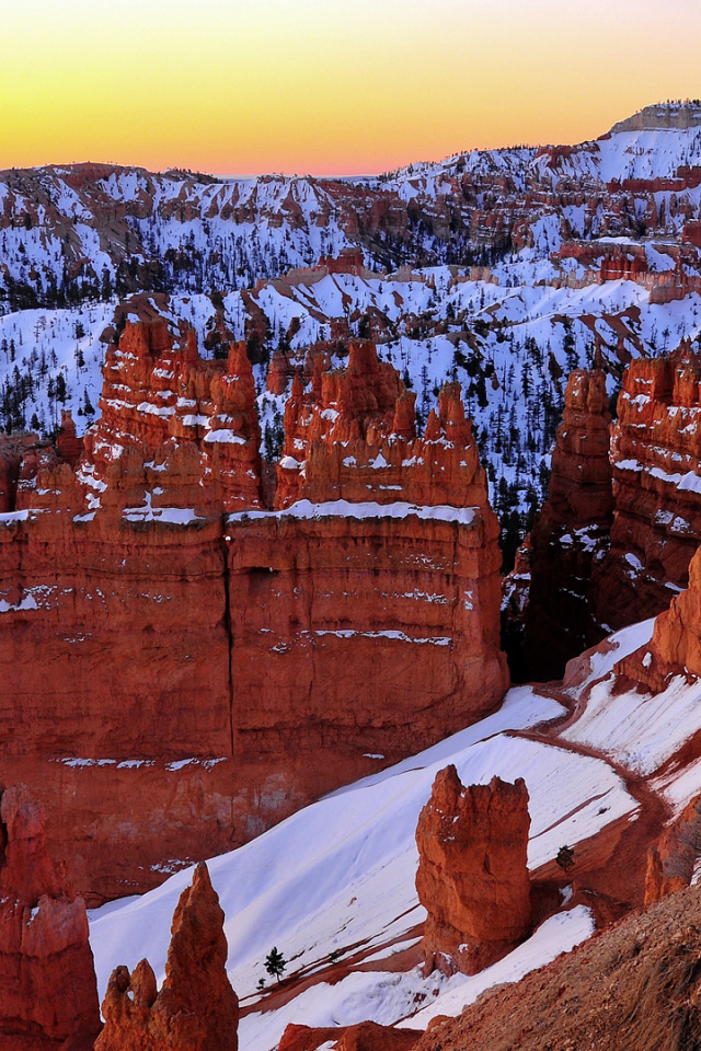 скалы, снег, bryce canyon, закат, utah, каньон