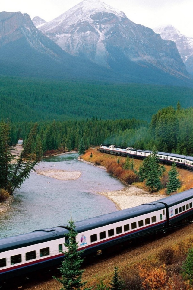 река, состав, лес, поезд, природа, горы, вагоны