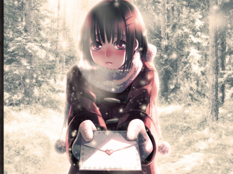 письмо, девочка, аниме, зима, сердечко, снег, minami seira