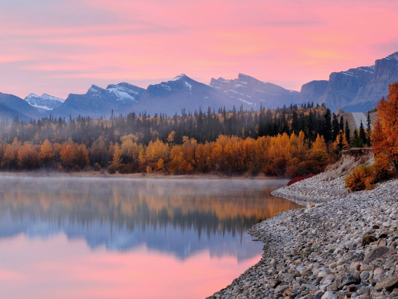 озеро, canada, alberta, осень, лес, national park