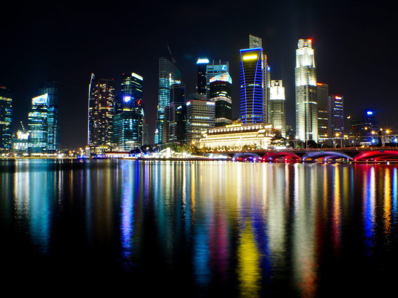 город, сингапур, огни, ночь