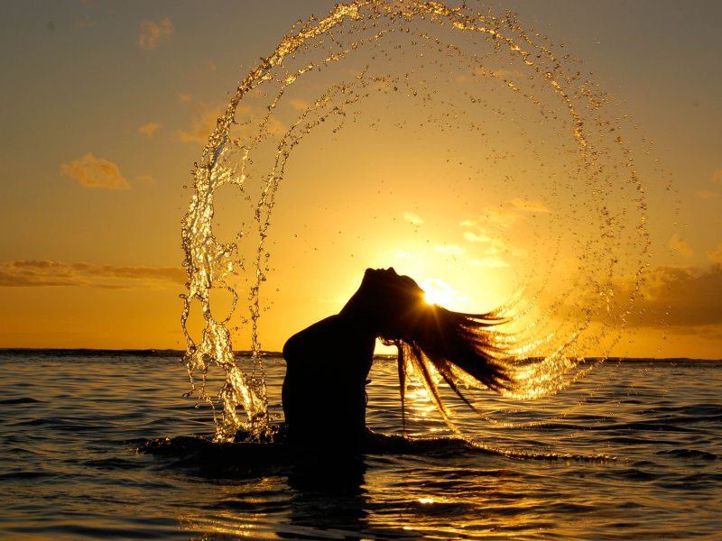 солнце, волосы, море, брызги, девушка, кругом, вода
