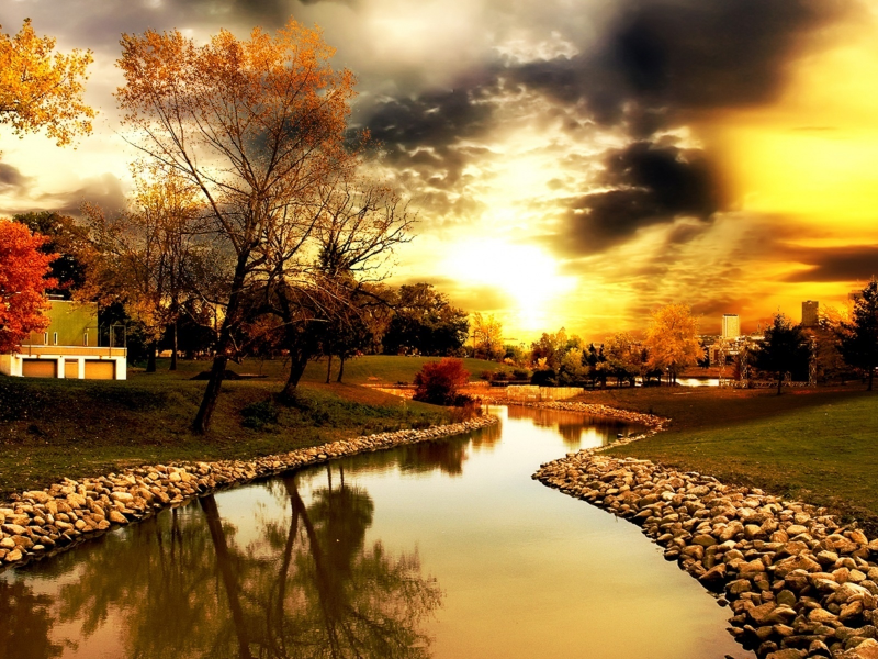 золотое небо, деревья, река