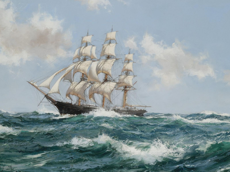 montague dawson, облака, парусник, корабль, море