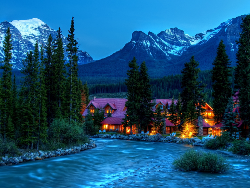 mountain, lake, trees, sky, nature, landscape, house, lights