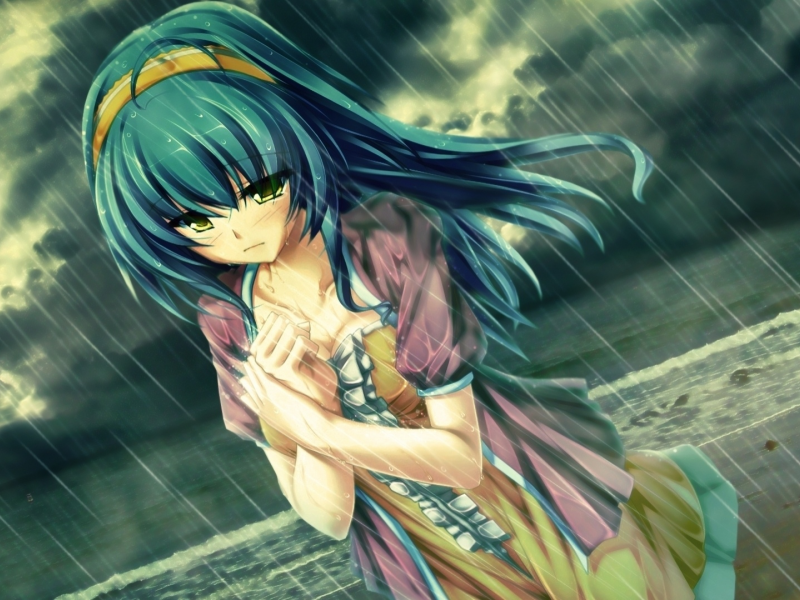 дождь, touhou, девушка, вода, аниме, небо