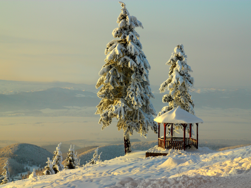 снег, bellevue, горы, небо, зима, беседка