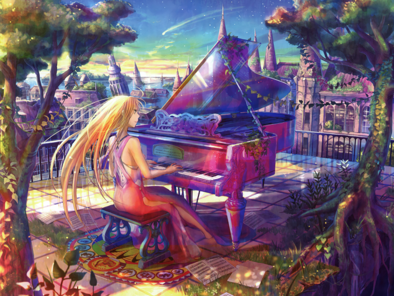 fuji choko, балкон, девушка, ноты, рояль, деревья, пианино, город