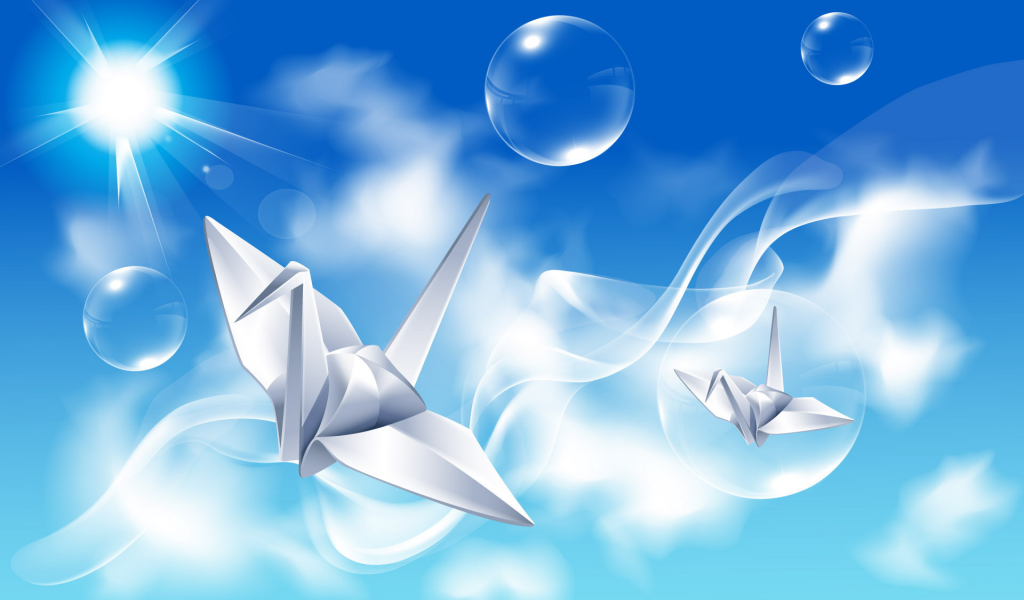 отражение, лучи, небо, пузыри, оригами, птицы, креатив