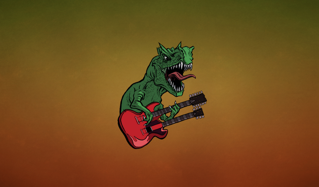 зеленый, динозавр, темноватый фон, хард, гитара