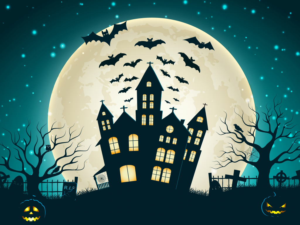 horror, creepy, scary house, bat, vector, full moon, castle, trees, evil pumpkin, holiday halloween