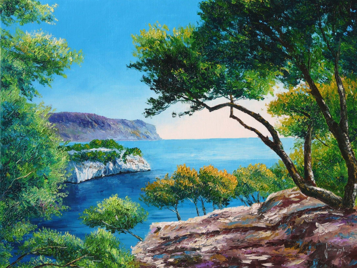 пейзаж, море, jean-marc janiaczyk, картина, горы, арт, деревья