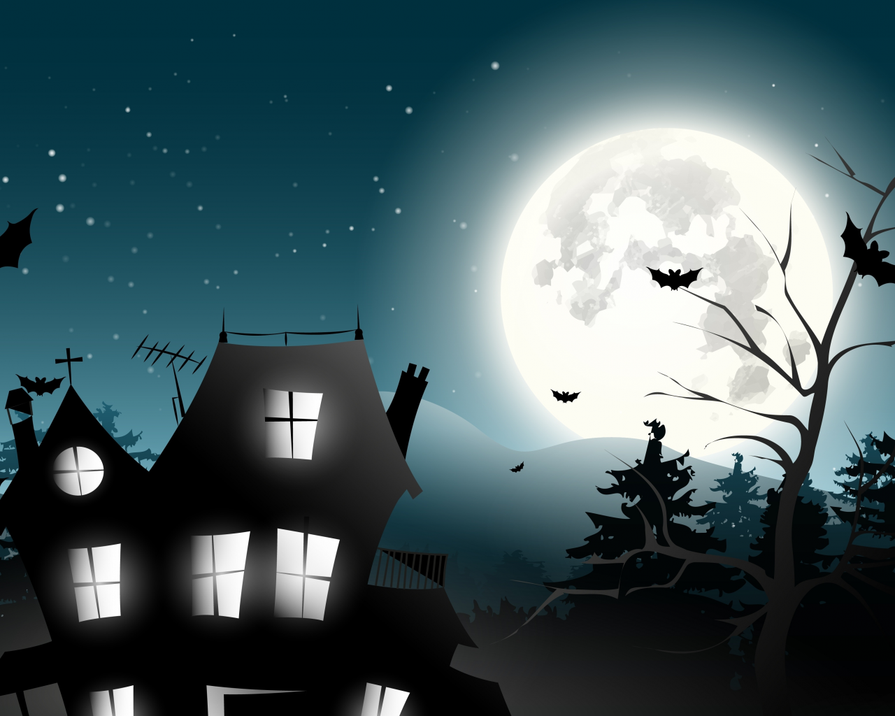 trees, bat, midnight, castle, horror, vector, full moon, holiday halloween, creepy, scary house