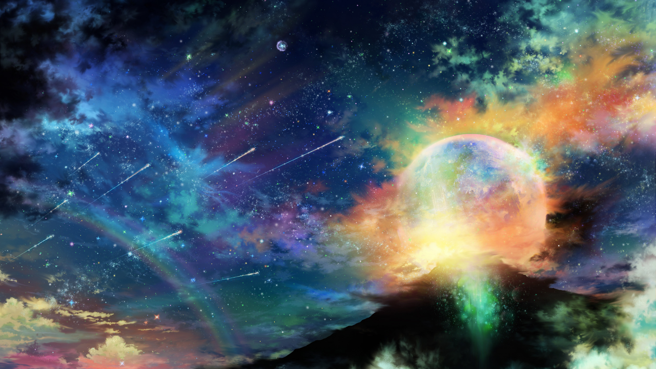 tsujiki, планета, облака, звезды, арт, радуга, небо, ночь