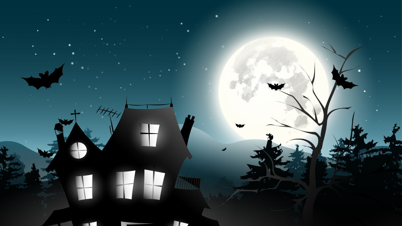 trees, bat, midnight, castle, horror, vector, full moon, holiday halloween, creepy, scary house