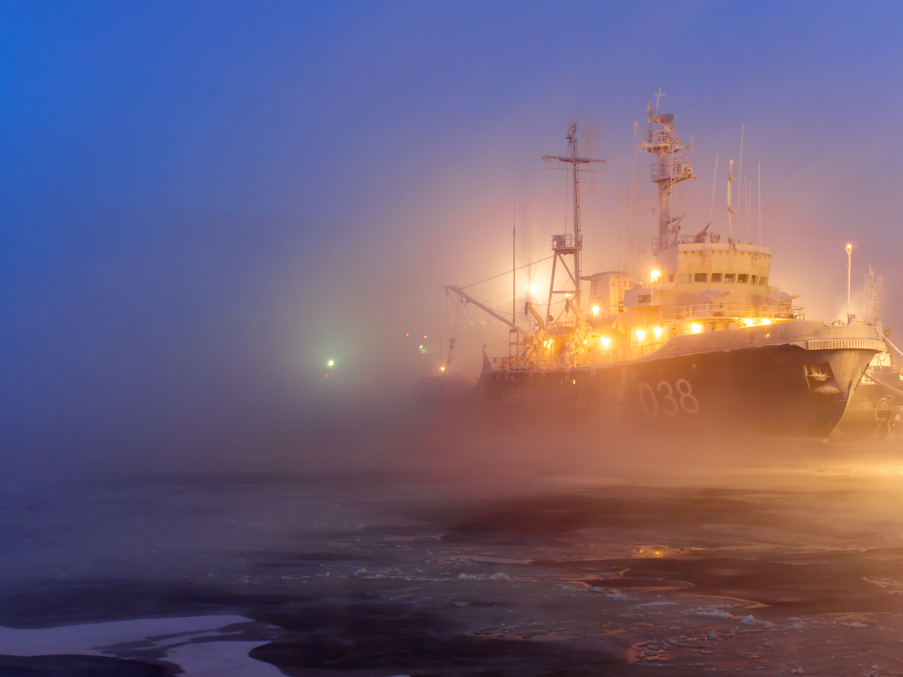 лёд, туман, корабль, порт, огни