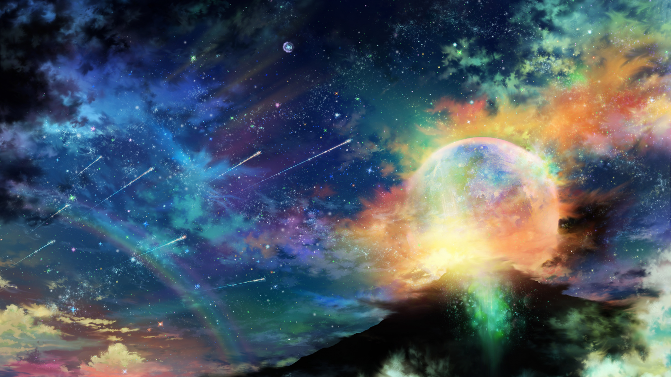 tsujiki, планета, облака, звезды, арт, радуга, небо, ночь