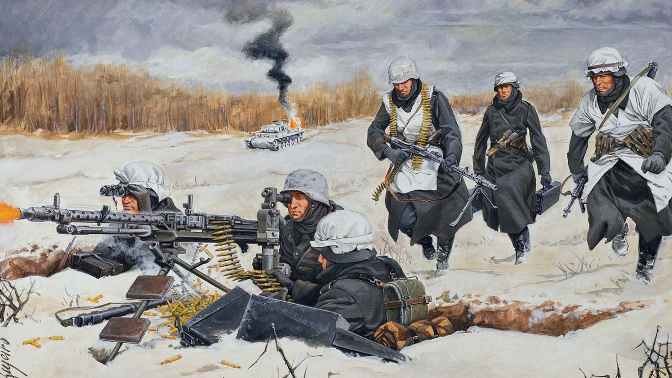 зима, немецкие, арт, солдаты, мг-34, снег, пулемёты