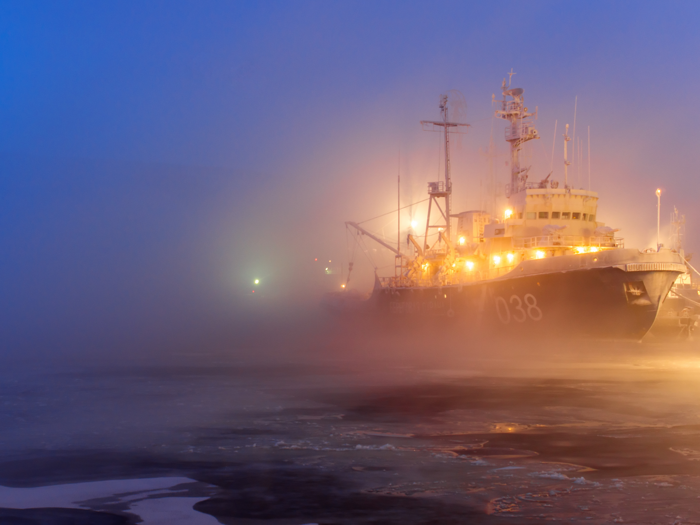лёд, туман, корабль, порт, огни