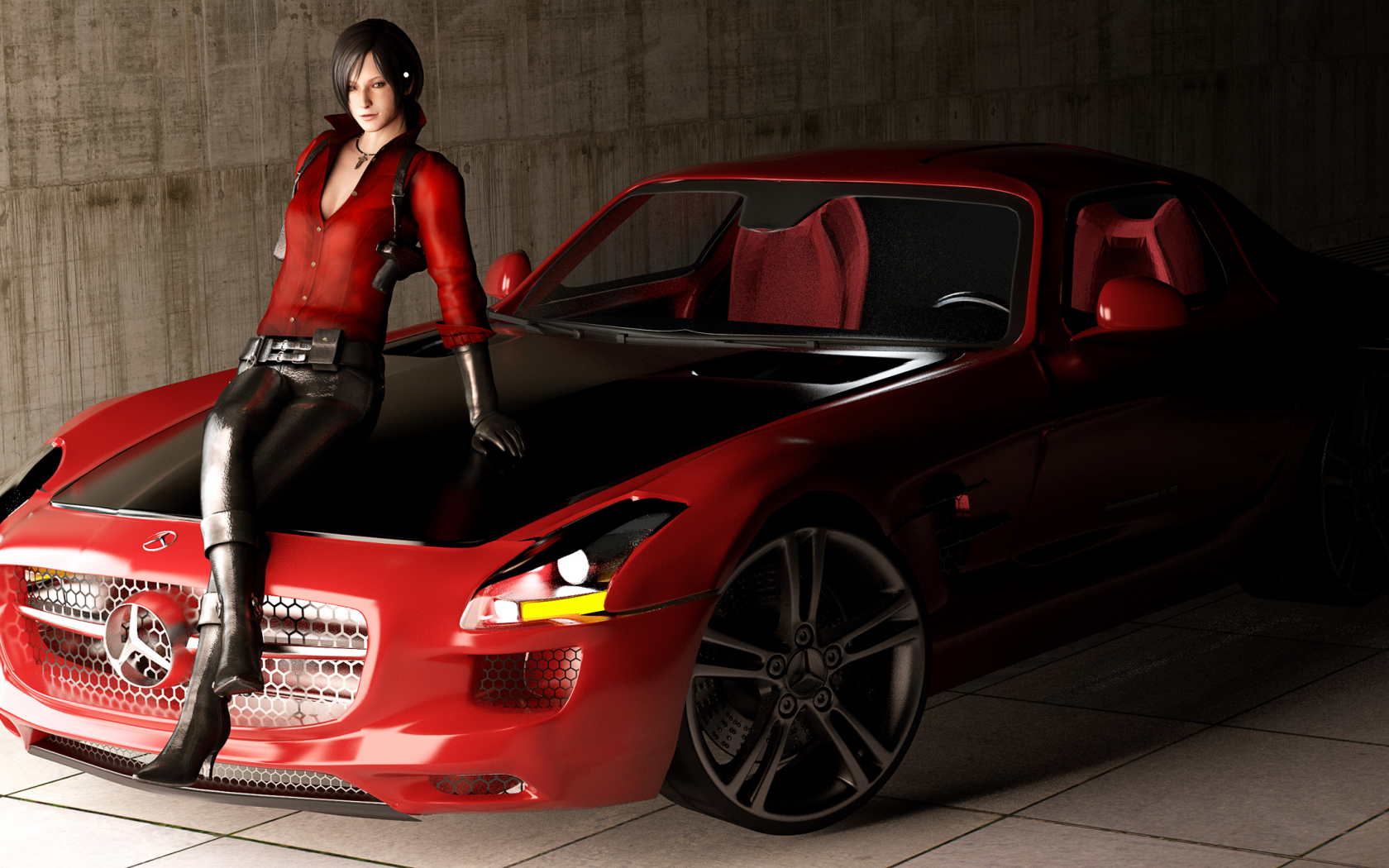 sls amg, девушка, roadster, mercedes benz, resident evil, ada, fan art, машина