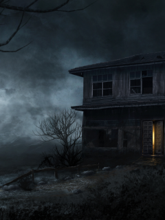 дом, дерево, болото, луна, haunted house, ночь
