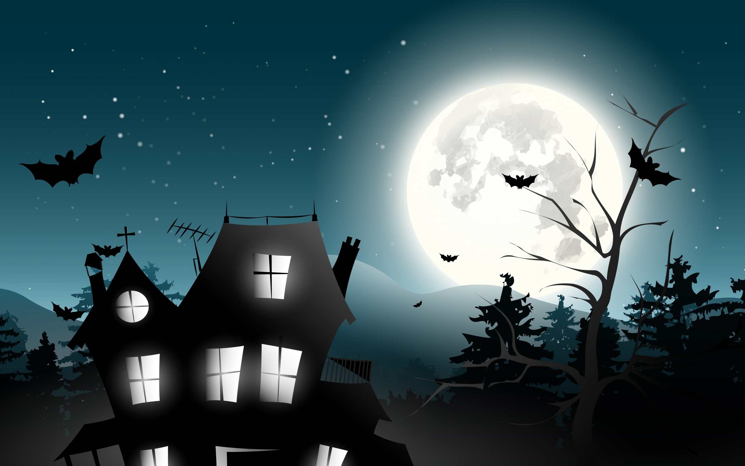 trees, bat, midnight, castle, horror, vector, full moon, holiday halloween, creepy, scary house