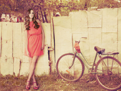 девушка, настроения, платье, велосипед, забор, колеса