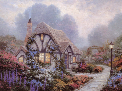 thomas kinkade, chandler`s cottage, сад, живопись, дом , синие, коттедж