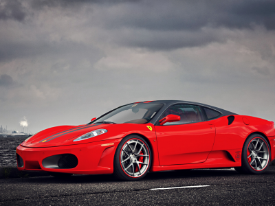 supercar, f430, water, landscape, red, factory, sky, ferrari, clouds