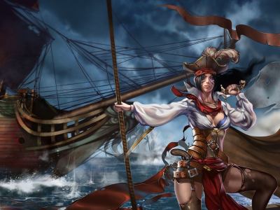 море, арт, девушка, пиратка, парусник, оружие, корабль