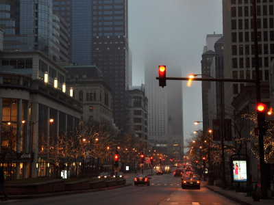 улица, чикаго, город, пасмурно, авто, туман, машины