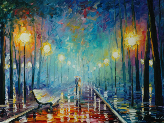 leonid afremov, осень, живопись, пара, лавочка, дождь, зонтик
