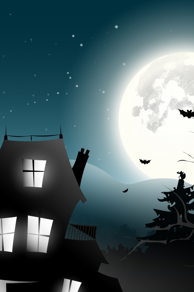 trees, bat, midnight, castle, horror, vector, full moon, holiday halloween, creepy, scary house