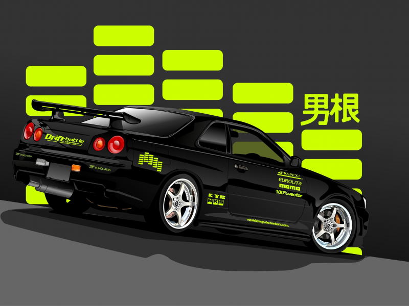 чёрный, скайлайн, black, skyline, rear, вектор, r34, ниссан, nissan