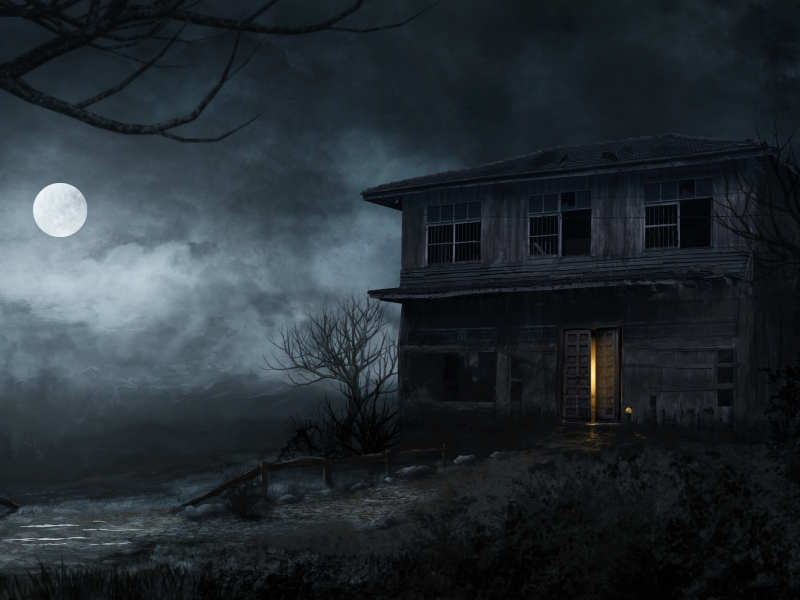 дом, дерево, болото, луна, haunted house, ночь